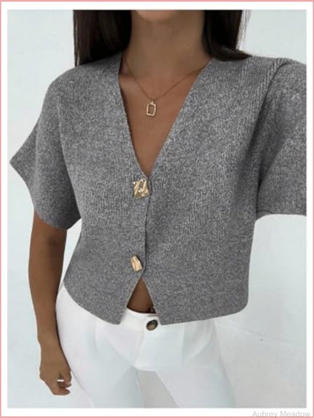 Short Sleeve V-Neck Cardigan Sweater Slim Fit Knit Tops Office Wear - Picture 5 of 5